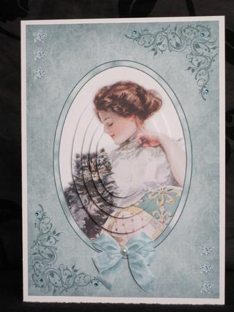 Victorian Beauty with Cat in Oval Frame Card Front by KiJu KiJu