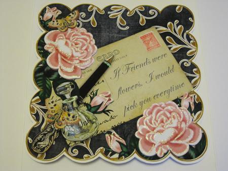 Pink Roses Black If Friends Scallop 8in Decoupage Topper by KiJu KiJu