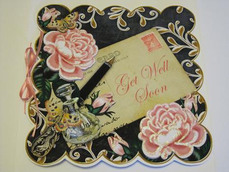 Pink Roses Black Get Well Soon 8in Decoupage Toppe by KiJu KiJu