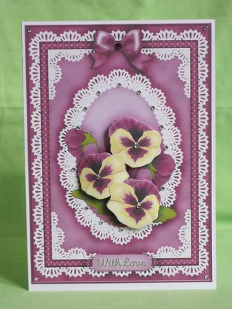 A5 Pansy, Lace and Pearls Quick Card with 3D Decoupage by KiJu KiJu