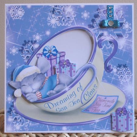 Sleepy Mouse in a Teacup in Blue Santa Hat by KiJu KiJu
