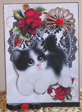 Cute Kitty with Red Roses on Lace Heart by KiJu KiJu