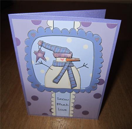 Dots & Doodles Snowman Decoupage Card Front - Blue & Lilac by Kirsty Green