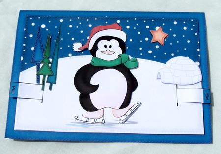 3D Xmas Skating Penguin Animated Moveable Decoupage Card Kit by Kris Smart