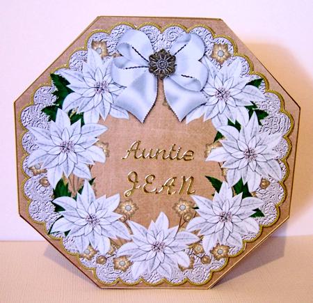 White Poinsettia Coffee Octagon Decoupage Card Kit by Kris Smart