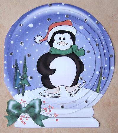 3D Xmas Skating Penguin Snowglobe Circle Pyramage Card Kit by Kris Smart