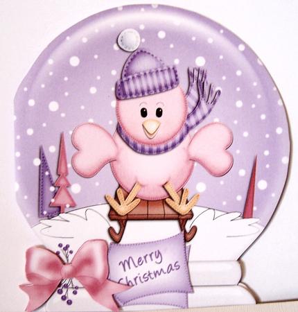 Xmas Sledging Little Birdie Snow Globe Shaped Card by Kris Smart