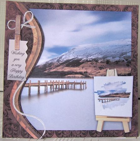 Swirl Border & Painters Easel Jetty & Mountain Card Front by Kris Smart