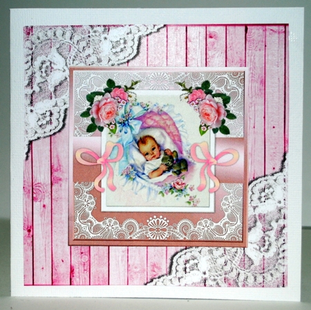 Pink Wood and lace corners 8x8 card front by Kristina Norbat