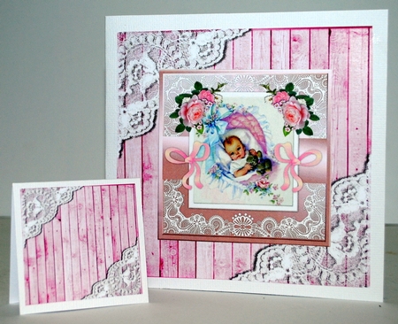 Pink Wood and lace corners 8x8 card front by Kristina Norbat
