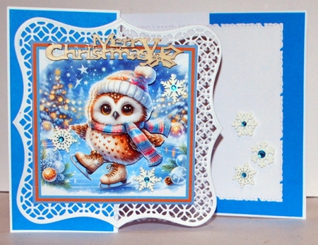 Ice skating owl 7x7, sentiment tiles and decoupage by Kristina Norbat