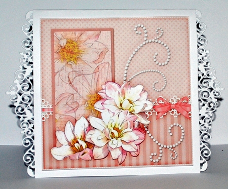 8x8 A Touch of Elegance Flowers Pearls and Lace Quick card front with 3D decoupage by Kristina Norbat