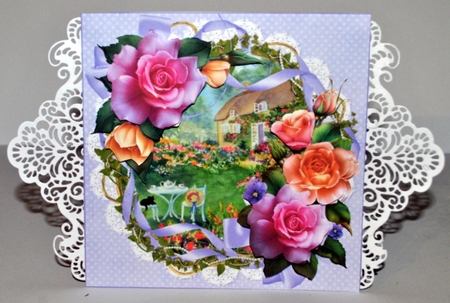 8x8 thatched cottage with roses in ribbon frame mini kit by Kristina Norbat