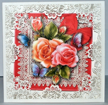 Roses and Butterflies with Lace Decoupage Card Front by Kristina Norbat