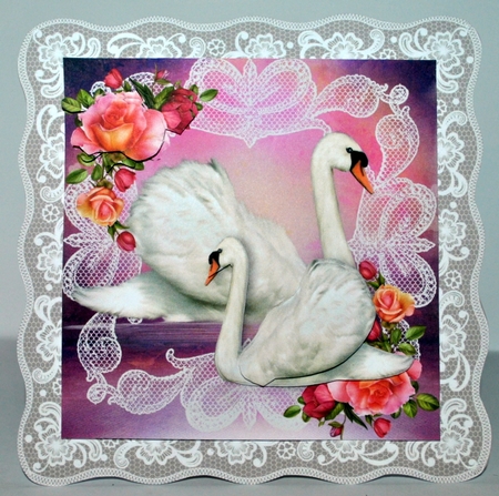 Beautiful white swans with lace and roses 8x8 by Kristina Norbat