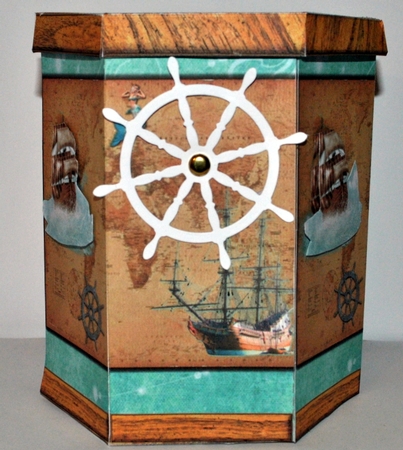 HANDSOME TALL HEXAGONAL DECOUPAGE BOX - OLD WORLD -  MEN MALE by Kristina Norbat
