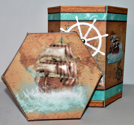 HANDSOME TALL HEXAGONAL DECOUPAGE BOX - OLD WORLD -  MEN MALE by Kristina Norbat