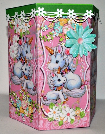 GORGEOUS TALL HEXAGONAL DECOUPAGE BOX - UNICORNS by Kristina Norbat