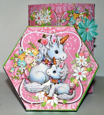 GORGEOUS TALL HEXAGONAL DECOUPAGE BOX - UNICORNS by Kristina Norbat