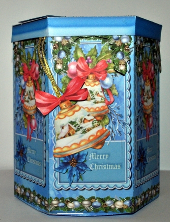 GORGEOUS TALL HEXAGONAL DECOUPAGE BOX - CHRISTMAS BELLS by Kristina Norbat
