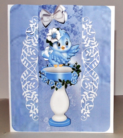 cute little blue bird with bird bath and flowers Tall DL by Kristina Norbat