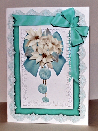 White Poinsettia Soft Blue Bauble and Bow Vignette by Kristina Norbat