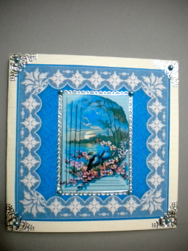 Bluebirds, Blossom 'n Lace Spiral Pyramid Card Front by Kristina Norbat