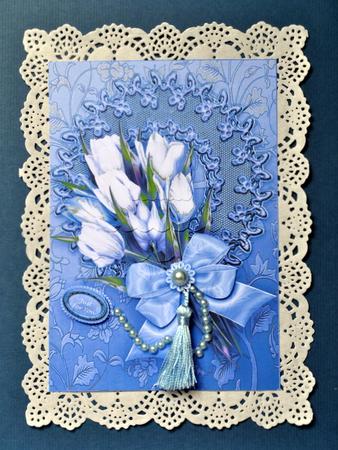 White Tulips Bouquet on a Blue Mat Scalloped Square Pyramage by Kristina Norbat