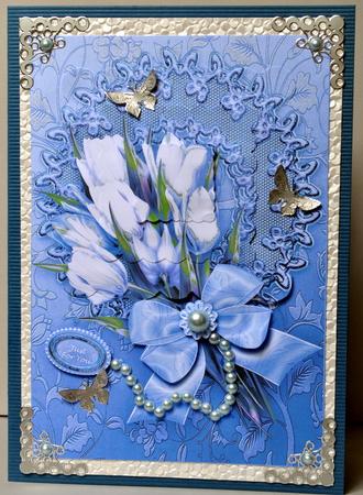 White Tulips Bouquet on a Blue Mat Scalloped Pyramage by Kristina Norbat