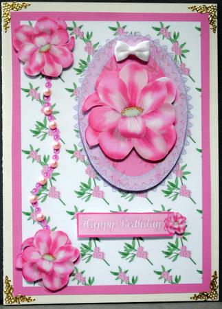 Pink Floral, Lace and Pearl Decoupage Card Front by Kristina Norbat