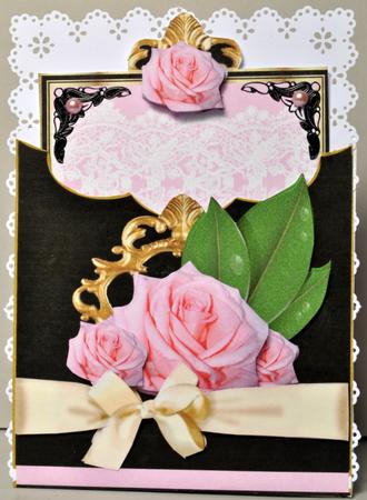 Dimensional Pocket Insert Stand Up Card Pink Roses Black by Kristina Norbat