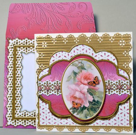 Pink Butterfly Rose Anglaise Scallop Decoupage 3D Card Kit by Kristina Norbat