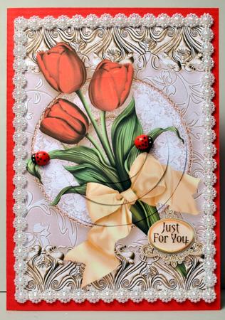 Red Tulips on a Lace Doily Round Pyramage by Kristina Norbat