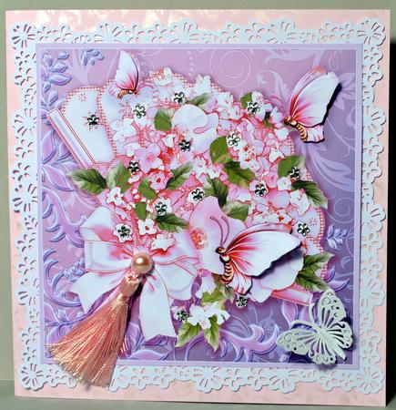 Pink Orchids on a Fan 8in x 8in Decoupage by Kristina Norbat