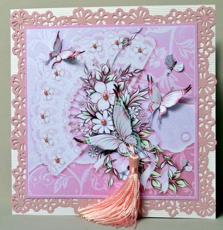 Pink Flowers and Butterflies on a Fan Decoupage by Kristina Norbat
