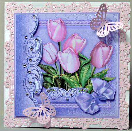 Pink Tulips in a Lilac Rope Frame - 8in x 8in Decoupage by Kristina Norbat
