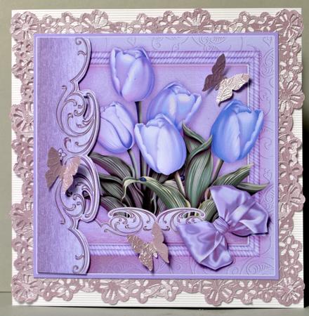 Lilac Tulips in a Pink Rope Frame - 8in x 8in Decoupage by Kristina Norbat