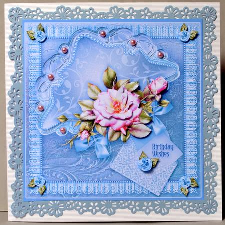 Pink Roses on a Blue Satin Shield - 8in x 8in Decoupage by Kristina Norbat