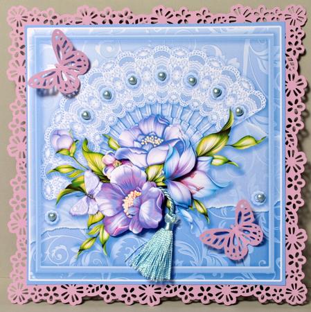 Blue Anemones on a Lace Fan 8in x 8in Decoupage by Kristina Norbat