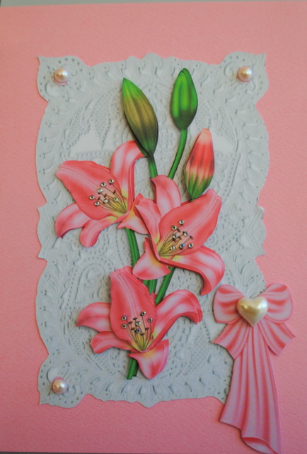 Gorgeous Pink Lillies on Ecru Lace by Kristina Norbat