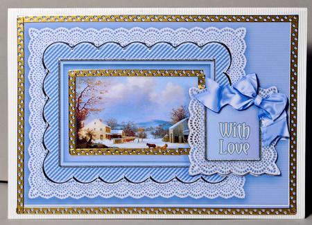 Country Snow Scene in a Broderie Anglaise Frame Decoupage by Kristina Norbat