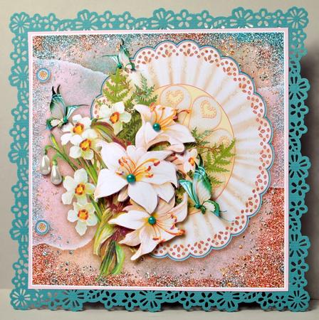 Lilies and Butterflies on a Broderie Anglaise Doily 8x8 Deco by Kristina Norbat