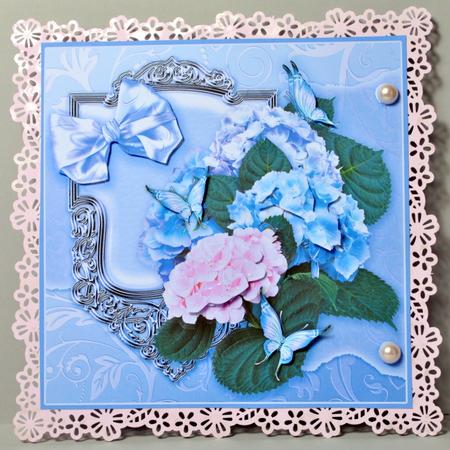 Hydrangeas on a Blue Ornate Panel 8in x 8in Decoupage by Kristina Norbat