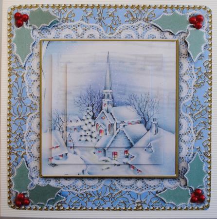 Christmas Blue Village Lace N Damask Square Card Front by Kristina Norbat