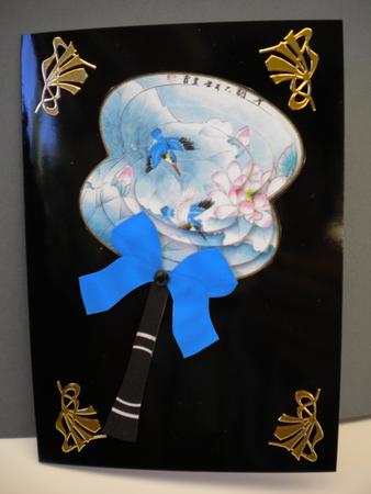 Bird and Blue Lily Oriental Hand Fan 3D Topper by Kristina Norbat