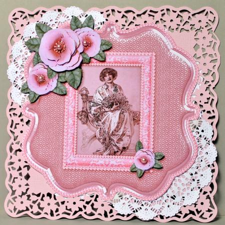 Lady with Pink Paper Roses 8in x 8in Decoupage by Kristina Norbat
