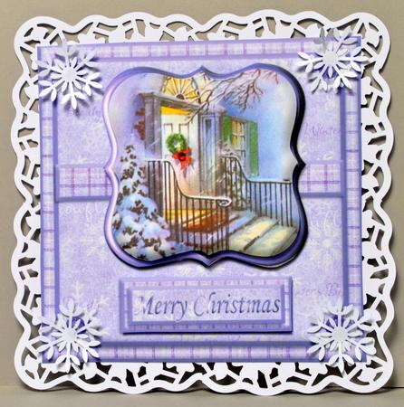 Vintage Front Door in the Snow Christmas Card Front Purple by Kristina Norbat