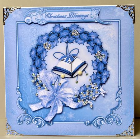 Blue Holly Wreath and Bells Square Card Front by Kristina Norbat