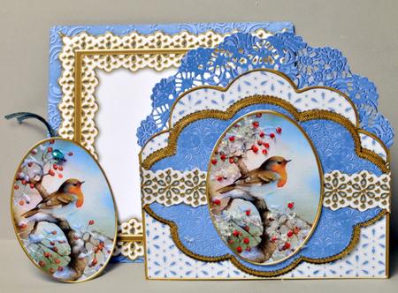 Red Robin Blue Flake Anglaise Scallop 3D Decoupage Card Kit by Kristina Norbat