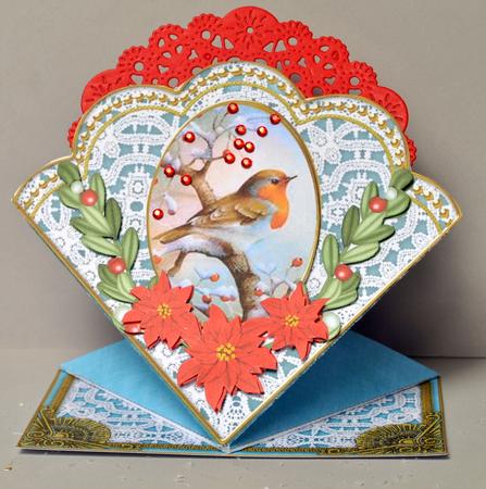 Red Robin Poinsettia Teal Lace Spring Decoupage Card by Kristina Norbat
